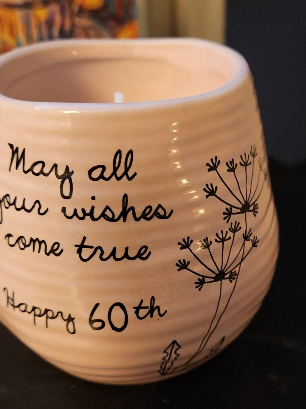 Pink Ceramic Candle Holder with 60th Birthday Sentiment and Floral Design